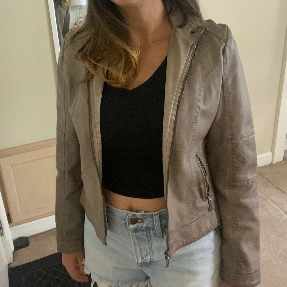 Taupe, faux leather crop jacket